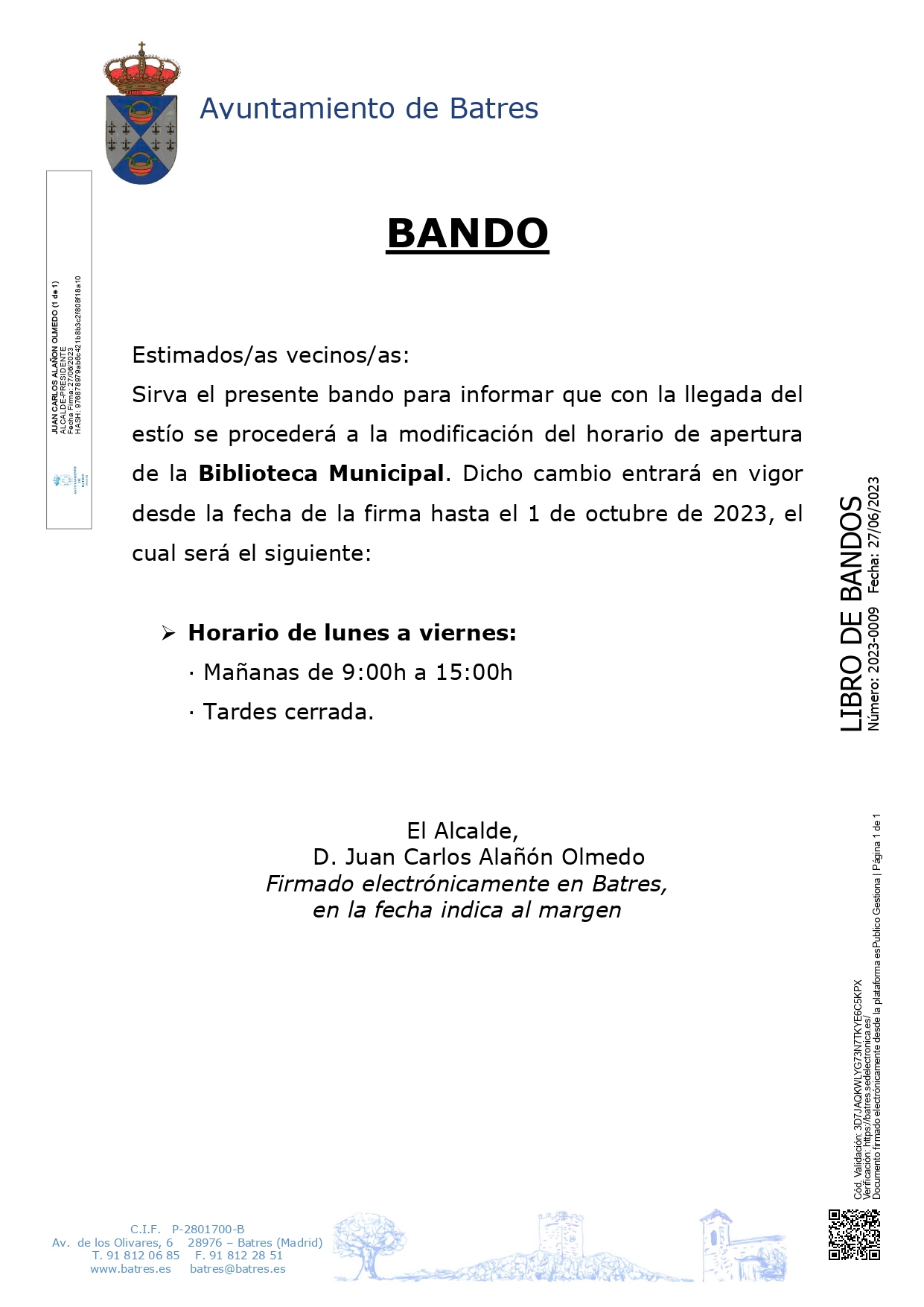 HORARIO DE VERANO DE LA BIBLIOTECA