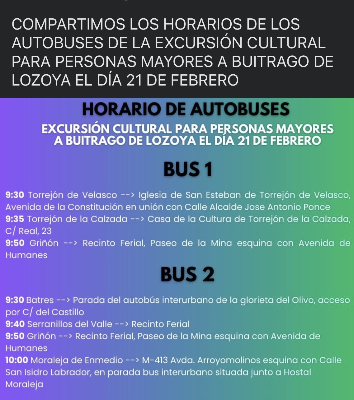 Horarios autobuses excursion Buitrago de Lozoya