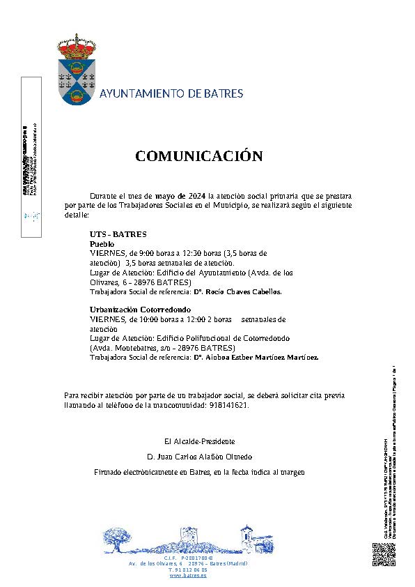 Comunicacion horarios Trabajadores Sociales mes de mayo