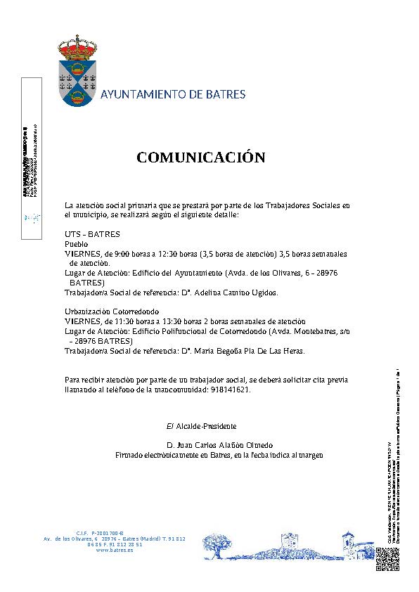 Comunicacion horarios Trabajadores Sociales